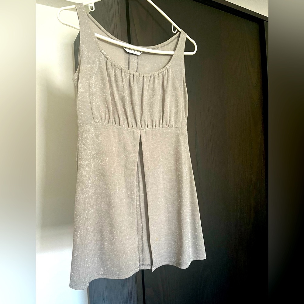 Tank top with front slit, grey metallic. Fits like small.